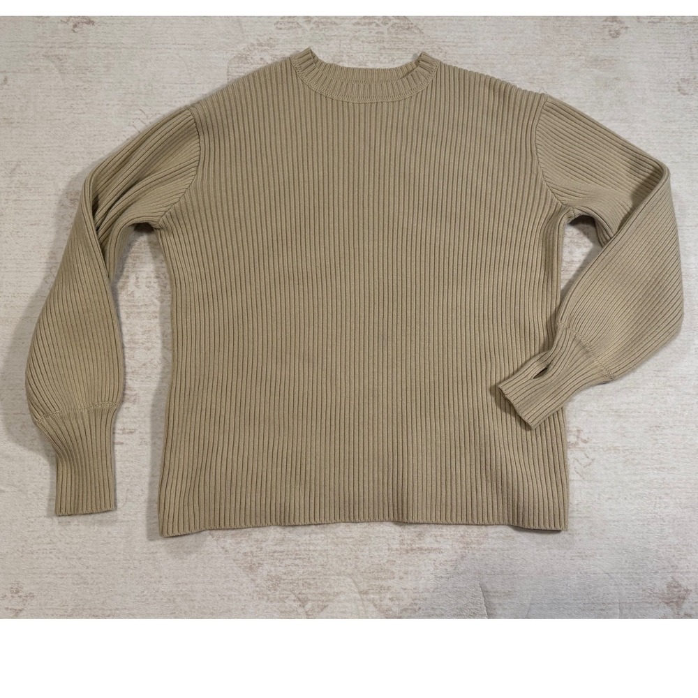 Kittenish Womens Ribbed Knit Long Sleeve Crew Neck Sweater Tan Beige Small